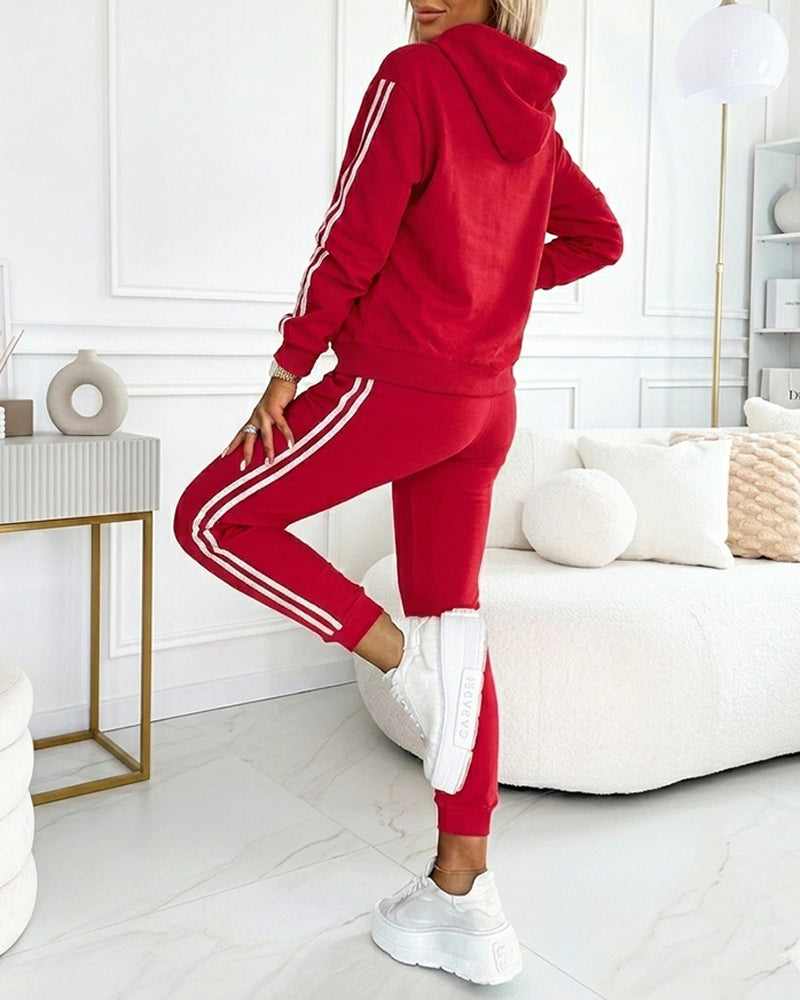 Women's Contrast Side Striped Athletic Set Drawstring Hoodie Top and Jogger Sweatsuit Casual Sweatpants Set with Pockets