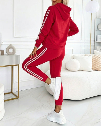 Women's Contrast Side Striped Athletic Set Drawstring Hoodie Top and Jogger Sweatsuit Casual Sweatpants Set with Pockets