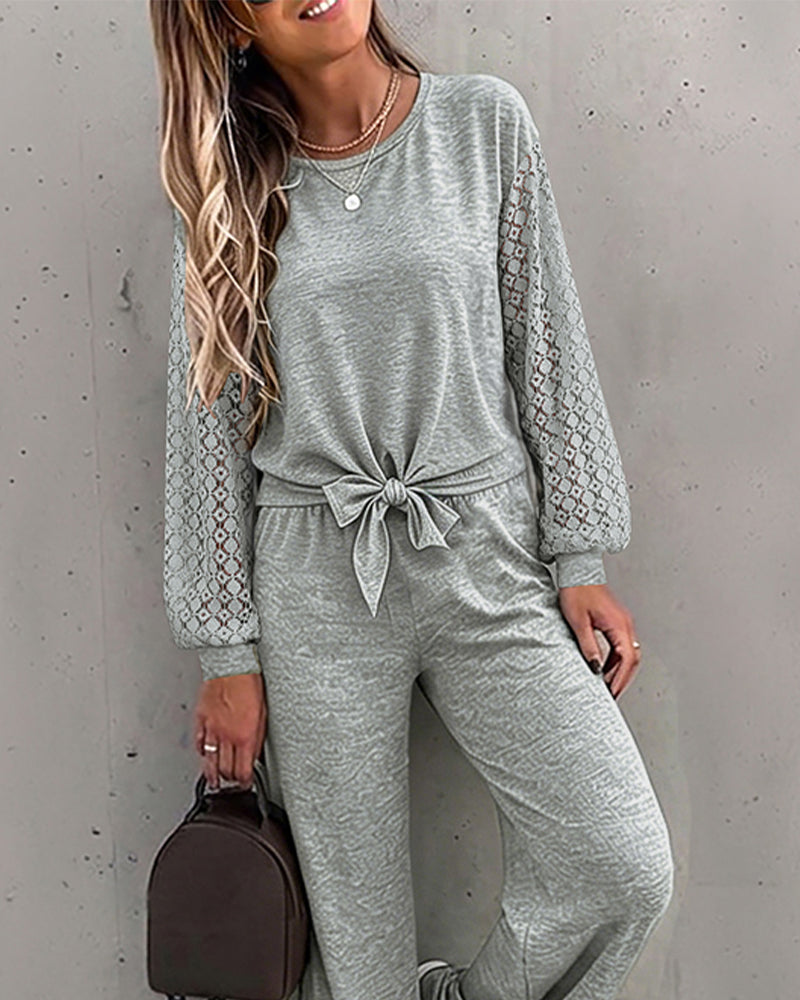 Women's 2 Piece Outfits Lace Patchwork Long Sleeve Top and Knot Front Straight Leg Pants Set Casual Matching Lounge Set