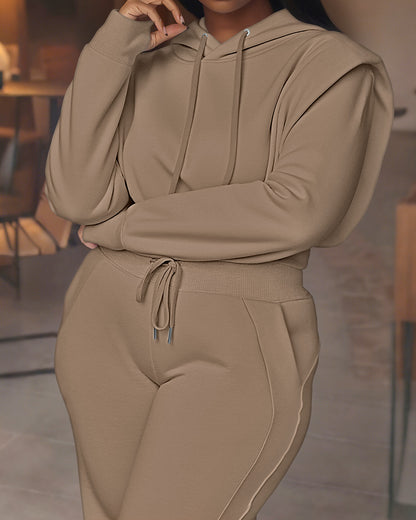 2-teiliges Outfit, langärmliges, kurzes Kapuzenpullover-Sweatshirt mit Kordelzug, Bündchen mit Daumenlöchern und lässigem Jogginghosen-Set mit Kordelzug und elastischer Taille mit weitem Bein 