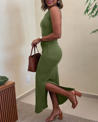 Women's Rib Knit Sleeveless Maxi Dress Ruched Gold Buckle High Waist Side Slit Bodycon Dress