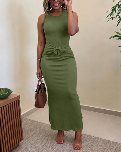 Women's Rib Knit Sleeveless Maxi Dress Ruched Gold Buckle High Waist Side Slit Bodycon Dress