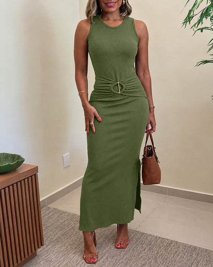 Women's Rib Knit Sleeveless Maxi Dress Ruched Gold Buckle High Waist Side Slit Bodycon Dress