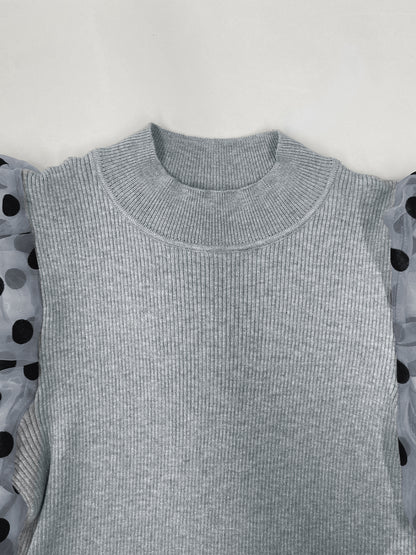 Dot Mesh Patch Mock Neck Puff Sleeve Blouse Casaul Pullover Knit Top