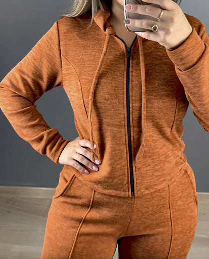 2 Pieces Outfit Long Sleeve Zip Up Drawstring Hoodie Coat and Casual Elastic Waist Seam Front Wide Leg Pants Set