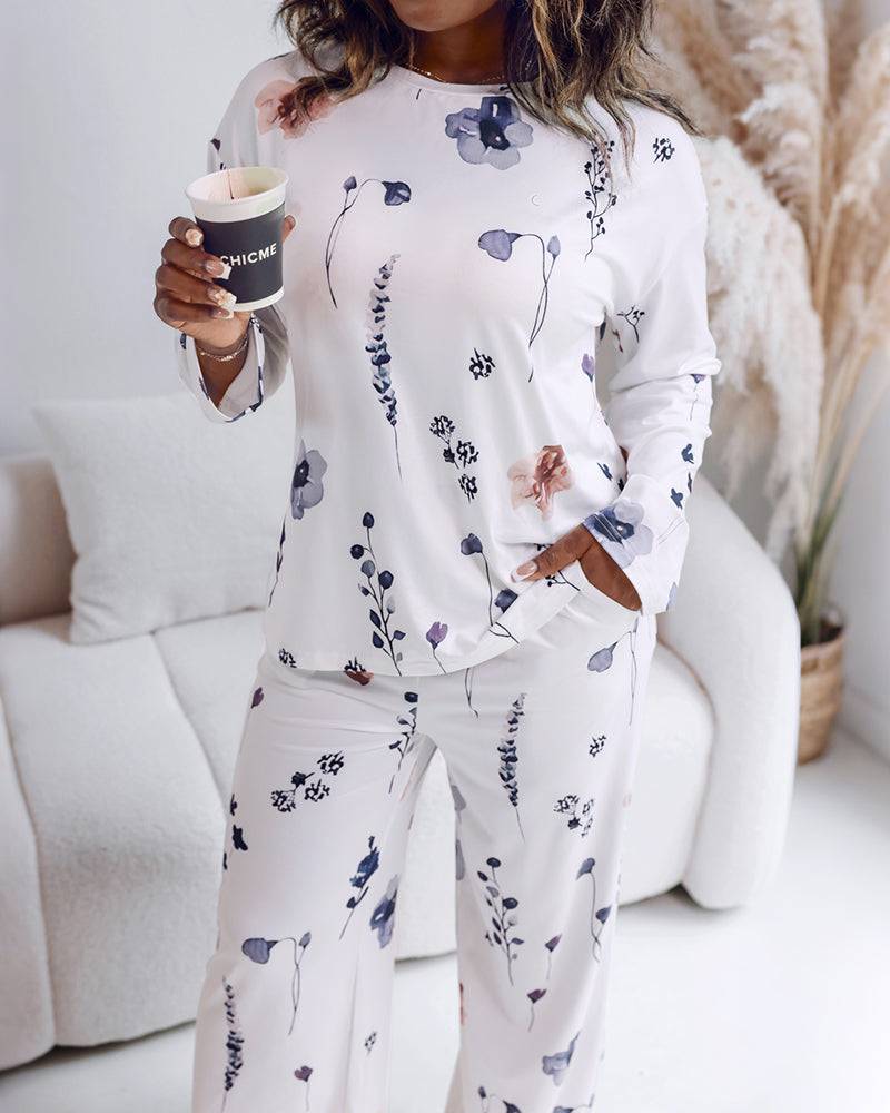 2 Pieces Outfit Floral Print Long Sleeve Drop Shoulder Top and Elastic Waist Pants Sets Casual Pajamas Set