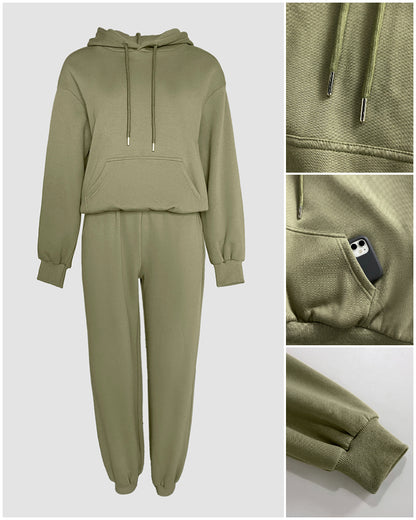 2 Pieces Outfit Kangaroo Pocket Thermal Lined Drawstring Hoodie Sweatshirt and Casual Elastic Waist Cinched Ribbed Cuffs Sporty Sweatpants Set