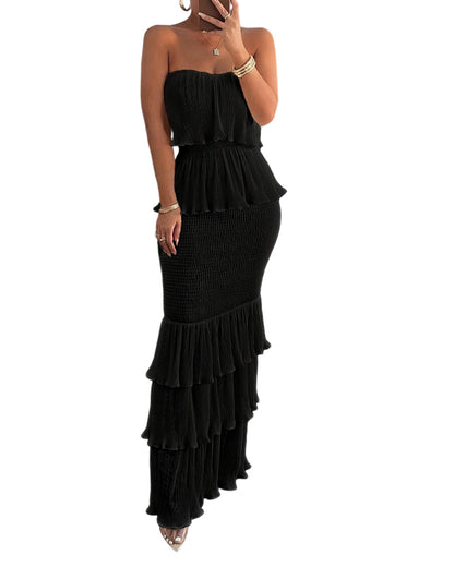 Layered Ruffle Shirred Slim Fit Strapless Dress Textured Maxi Party Dress