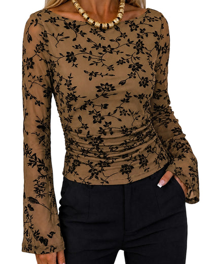 Couture Women's Bell Sleeve Floral Mesh Top