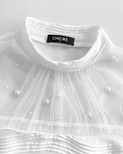 Pearls Decor High Neck Sheer Mesh Spliced Ruched Tee Hollow-out Back Slim Fit Textured Top