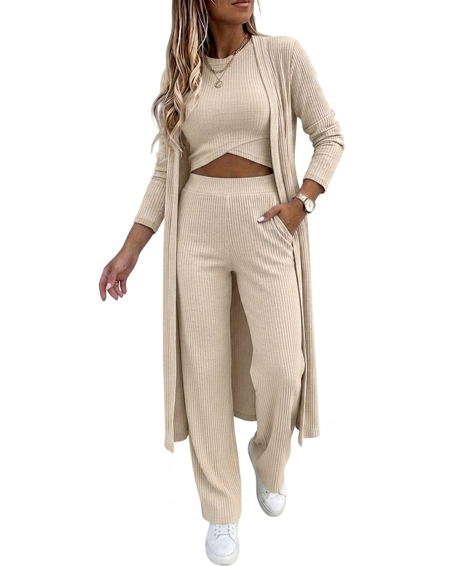 CHICMELIVE Women's 3 Piece Lounge Set Ribbed Cardigan Tank Wide Leg Pant