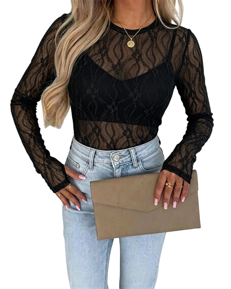 CHICMELIVE Lace Top Sheer Mesh Fitted Shirts for Women with Thumb Holes