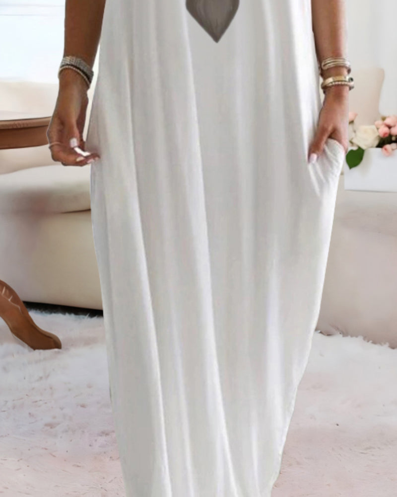 Heart Pattern Cold Shoulder Short Sleeve Maxi Dress Casual Pocket Design Loose Fit Dress
