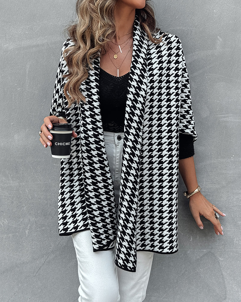 Houndstooth Print Versatile Loose Fit Sweater Coat Casual Warm Cape Shawl