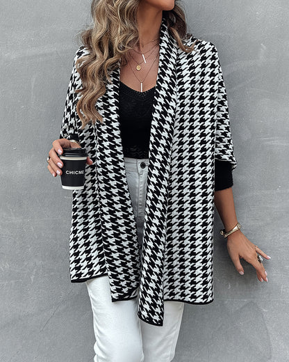 Houndstooth Print Versatile Loose Fit Sweater Coat Casual Warm Cape Shawl