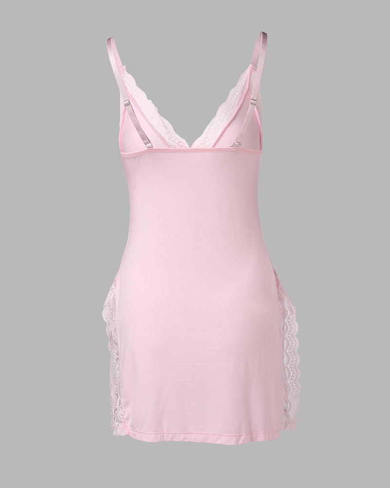 Lace Trim Adjustable straps Side Slit Bowknot Decor Modal Cami Sleep Dress