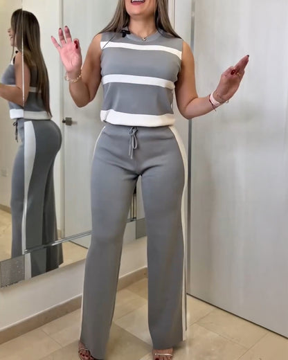 Striped Print Round Neck Sleeveless Top and Casual Elastic Waist Drawstring Pants Sets