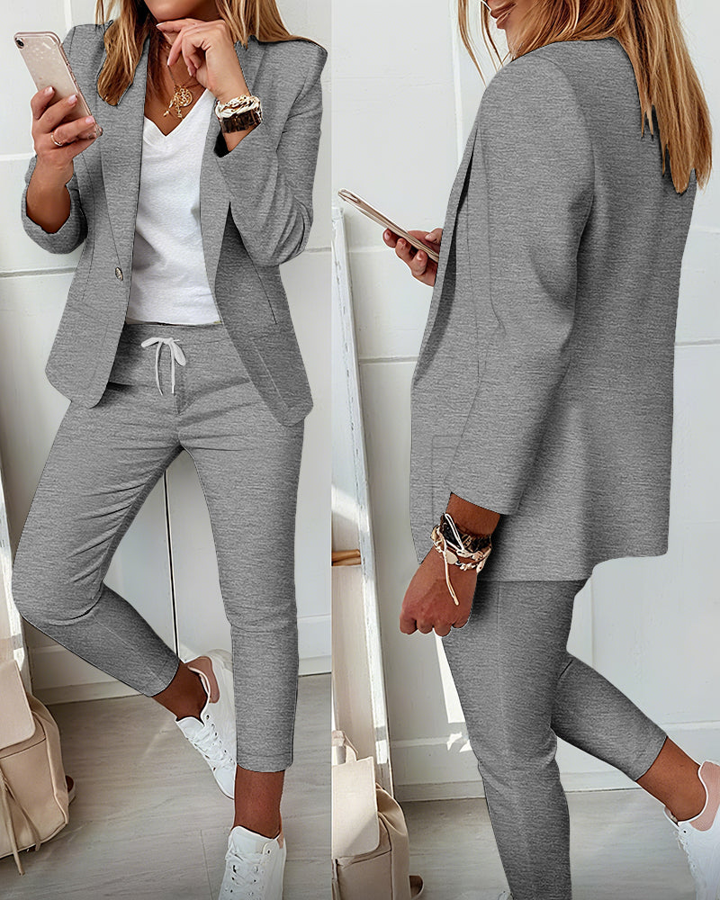 2 Pieces Outfit Shawl Collar Single Breasted Pockets Design Blazer Coat and Drawstring Elastic Waist Slim Fit Pants Set