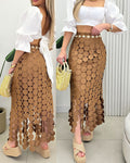 Women‘s Lace Tassel Trim Bodycon Skirt Hollow-Out Detail High Waist Pencil Skirt with Side Zipper
