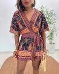 Women's Tropical Print Romper V Neck Wrap Knot Side Jumpsuit Half Sleeve Beach Vacation Summer Skorts Romper