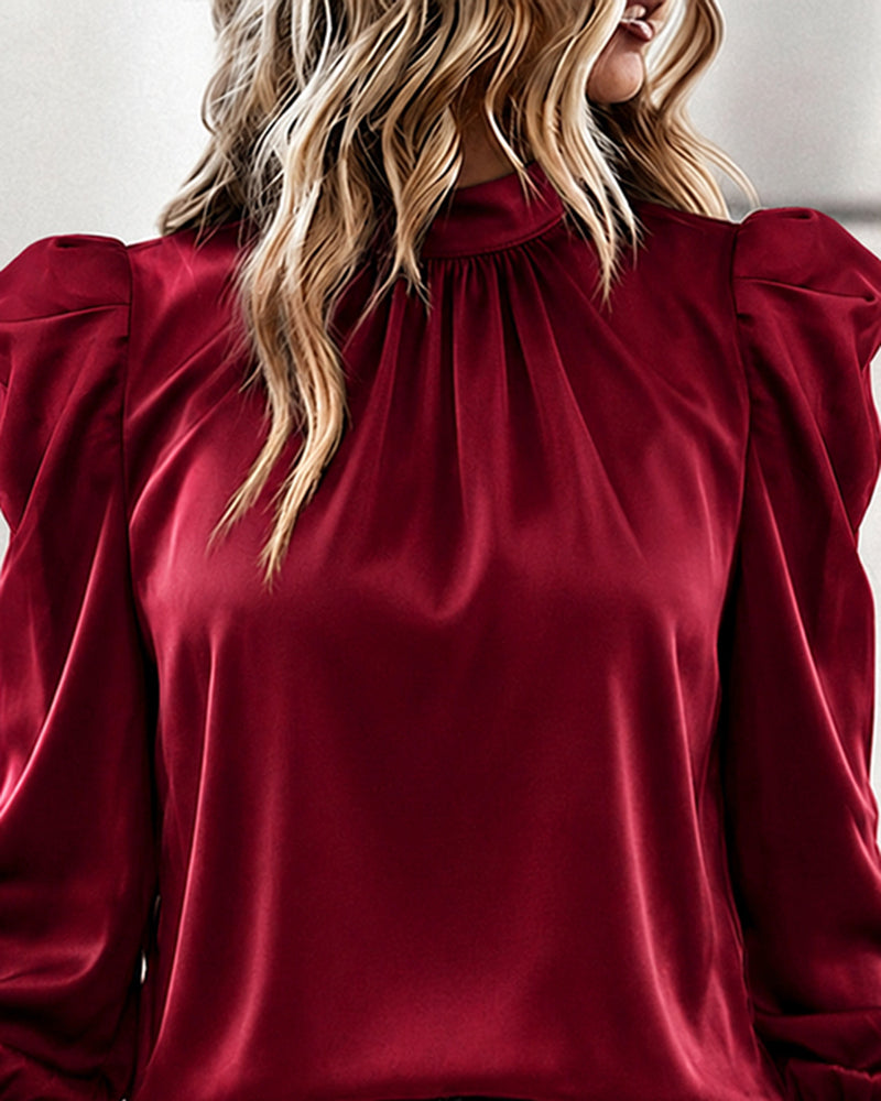 Women's Satin Blouse Mock Neck Puff Sleeve Shirt Back Tie Bow Elegant Ruched Shirt Shirred Frill Cuff Work Top