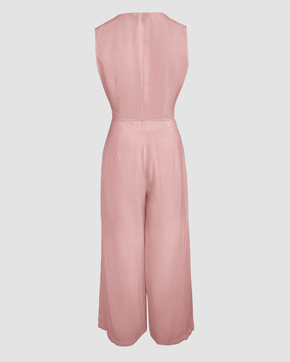 Women's Two Piece Outfits Faux Two Piece Sleeveless Crop Top and High Waisted Wide Leg Pants Elegant Matching Suit