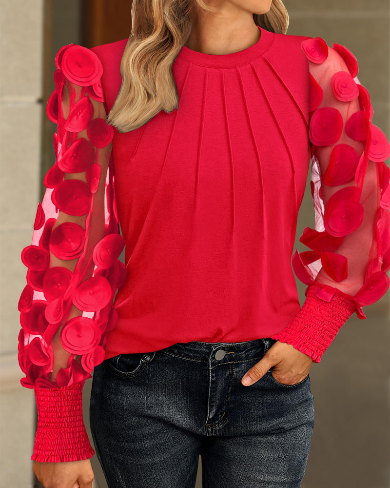 3D Polka Dot Appliques Mesh Long Sleeve Blouse Casual Shirred Cuffs Seam Front Top