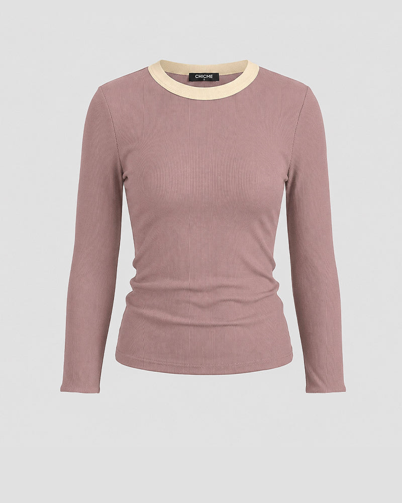 CHICMELIVE Women's Ribbed Long Sleeve Shirts Contrast Crewneck Fitted Basic Tee