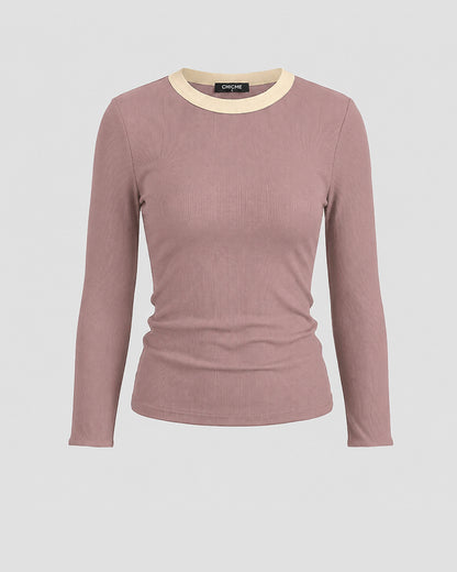 CHICMELIVE Women's Ribbed Long Sleeve Shirts Contrast Crewneck Fitted Basic Tee