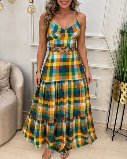 Women's Colorblock Plaid Hollow-out Maxi Dress V Neck Backless Ruffle Cami Dress Casual Shirred Beach Sundress