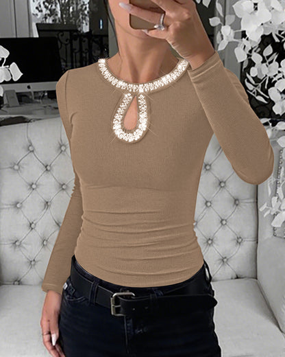 Rhinestone Decor Keyhole Neck Hollow Water Drop Ribbed Top Long Sleeve Slim Fit Layering Top