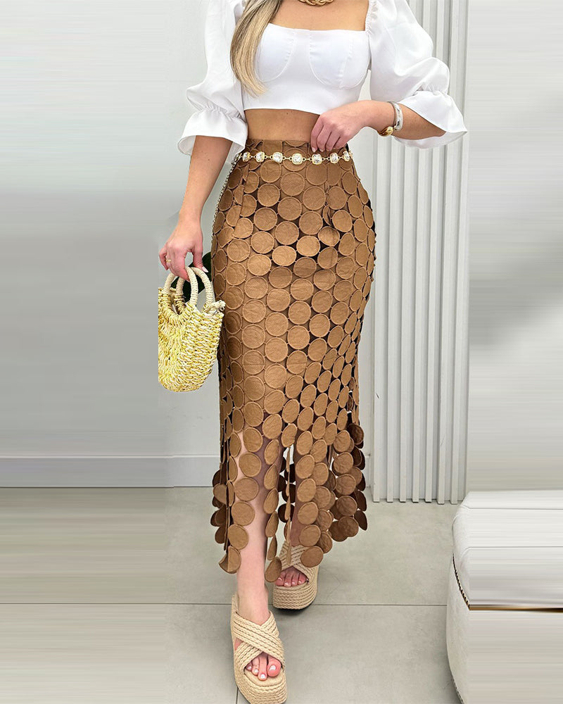 Women‘s Lace Tassel Trim Bodycon Skirt Hollow-Out Detail High Waist Pencil Skirt with Side Zipper
