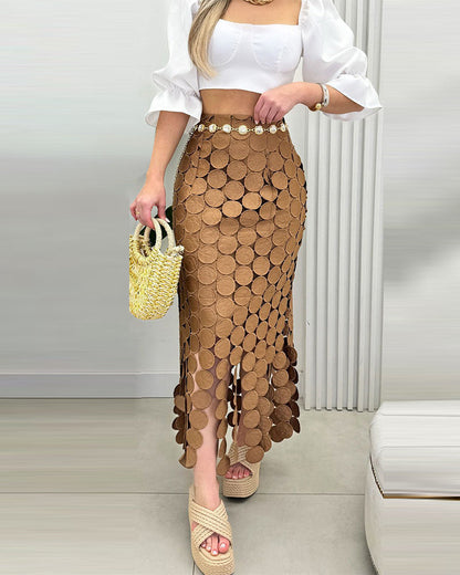 Women‘s Lace Tassel Trim Bodycon Skirt Hollow-Out Detail High Waist Pencil Skirt with Side Zipper