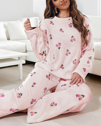 2 Pieces Outfit Floral Print Round Neck Drop Shoulder Top and Elastic Waist Pants Set Casual Ribbed Flannel Pajamas Set
