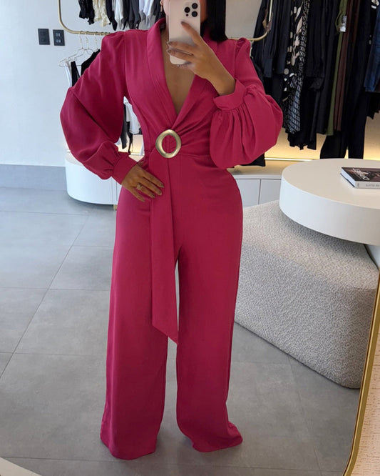 Metal Ring Decor Overlap V-Neck Lantern Sleeve Zipper Back Jumpsuit Casual Cinched Waist Wide Leg Jumpsuit