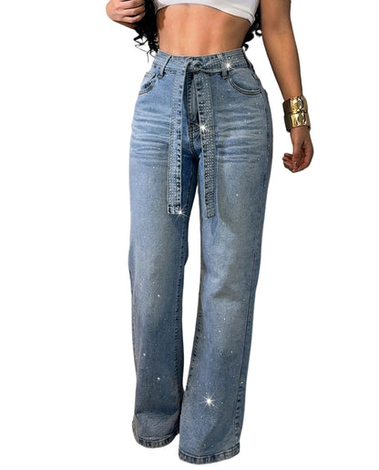 CHICMELIVE High Waisted Wide Leg Jeans for Women Rhinestone Embellished Denim Pants with Matching Sparkle Belt