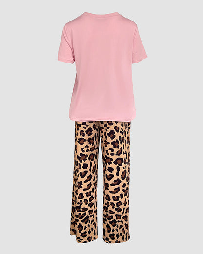 2 Pieces Outfit Letter Print & Leopard Heart Pattern Short Sleeve Top and Leopard Print Elastic Waist Pants Set Casual Pajamas Set