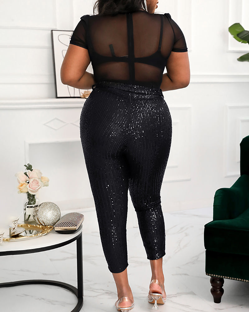 Sequins Plunge Sheer Mesh Short Sleeve Jumpsuit Sexy Sparky Slim Fit Rompers