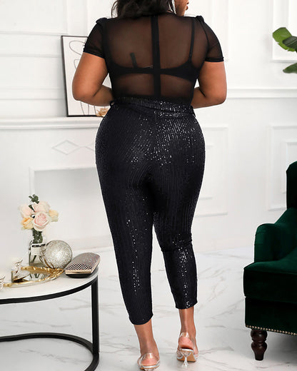 Sequins Plunge Sheer Mesh Short Sleeve Jumpsuit Sexy Sparky Slim Fit Rompers