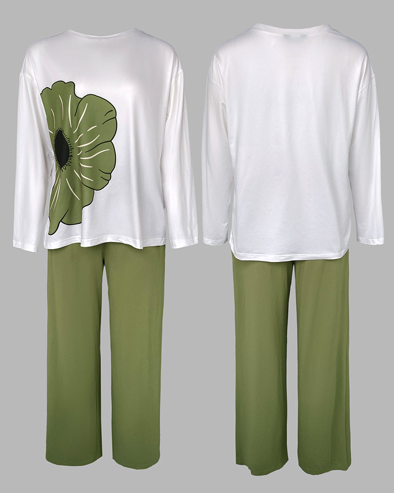 2 Pieces Outfit Floral Placement Print Long Sleeve Drop Shoulder Top and Elastic Waist Pants Set Causal Pajamas Set