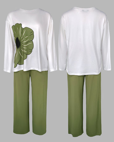 2 Pieces Outfit Floral Placement Print Long Sleeve Drop Shoulder Top and Elastic Waist Pants Set Causal Pajamas Set