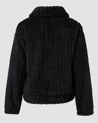 Textured Striped Turn-down Collar Button Front Elastic Cuff and Hem Teddy Fleece Jacket With Decorative Flap Pockets