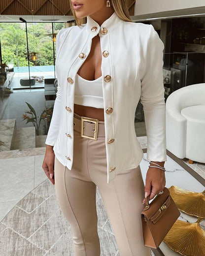Stand Collar Long Sleeve Blazer Metal Button Front Work Office Jackets Coat