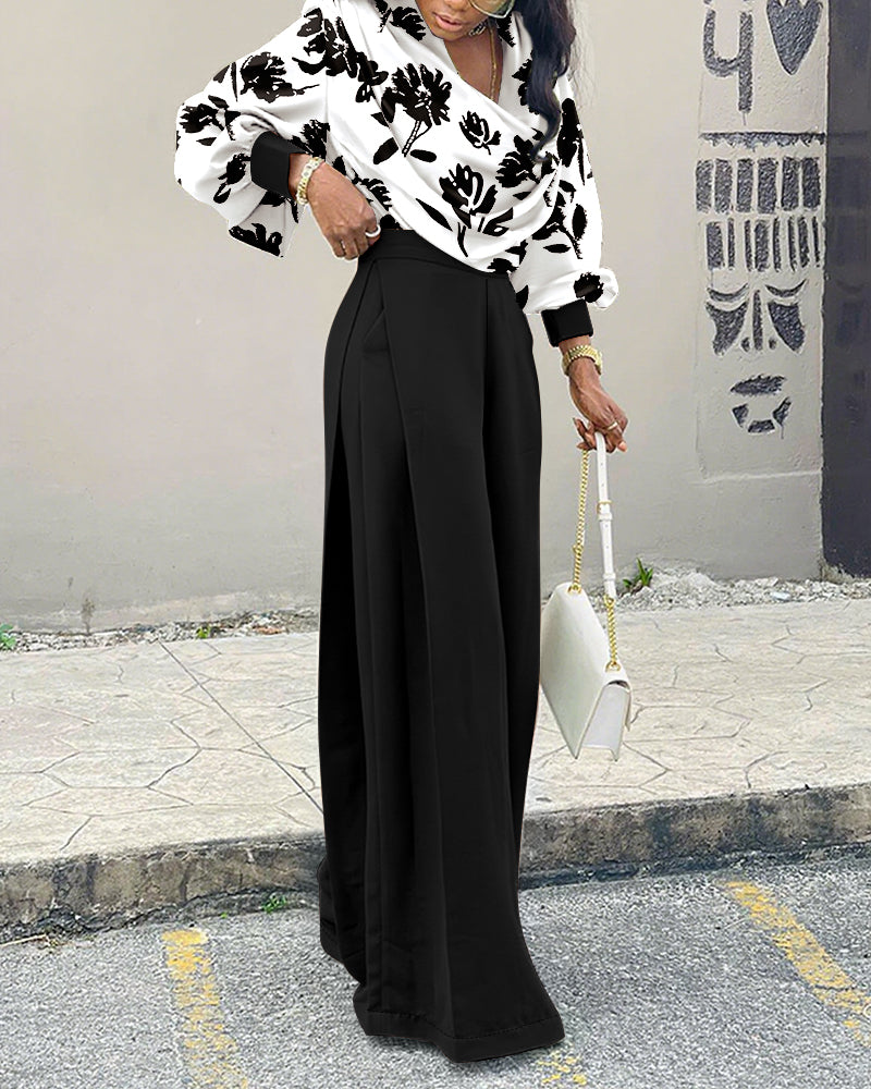 2 Pieces Outfit Floral Print Cowl Neck Lantern Sleeve Stretchy Hem Crop Top and Casual Elastic Back Waist Wide Leg Pants Set