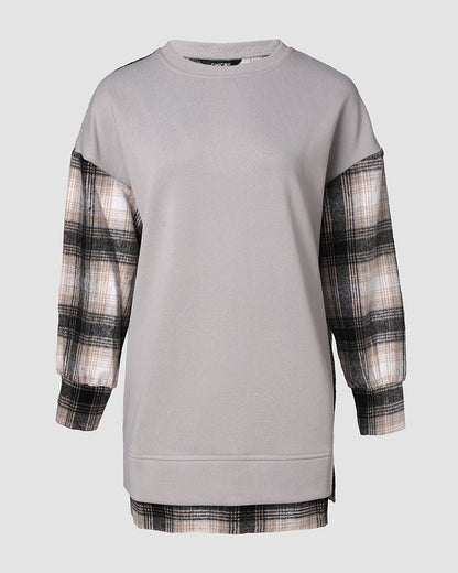 Plaid Print Spliced Long Sleeve Drop Shoulder Sweatshirt Casual Side Slit Top