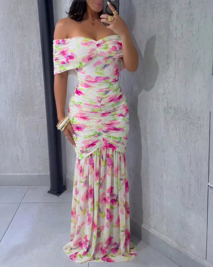 Floral Print Foldover Off Shoulder Ruched Maxi Dress Elegant Mermaid Hem Party Dress