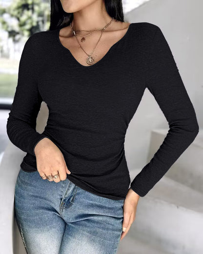 ChicMe Built-in Bra Notch Neck Long Sleeve Shirts Rib-Knit Ruched Waist Top