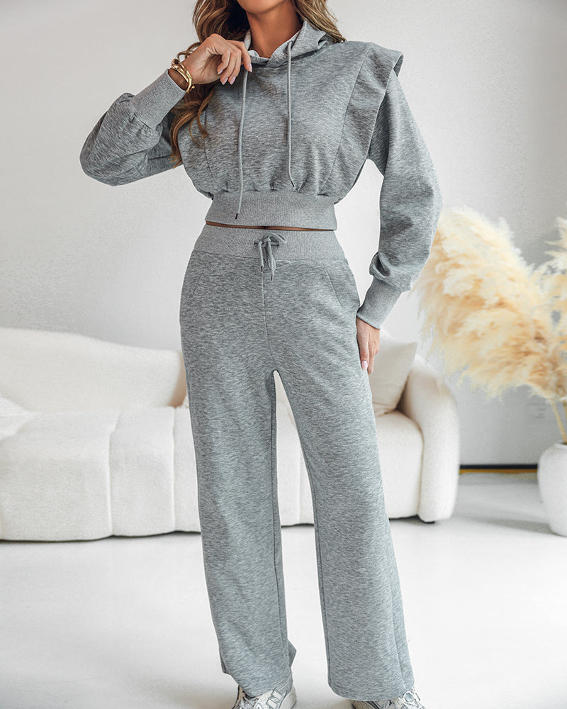 2-teiliges Outfit, langärmliges, kurzes Kapuzenpullover-Sweatshirt mit Kordelzug, Bündchen mit Daumenlöchern und lässigem Jogginghosen-Set mit Kordelzug und elastischer Taille mit weitem Bein 
