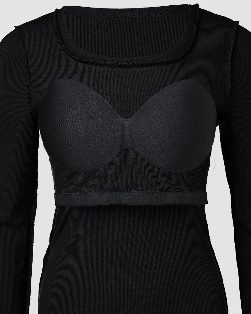 ChicMe Built-in Bra U-Neck Long Sleeve Ribbed Top