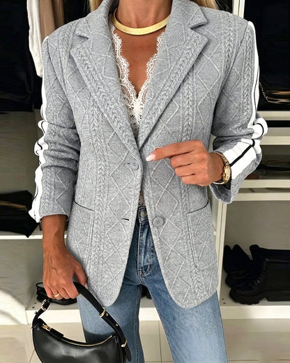 Women's Casual Knit Blazer Argyle Cable Jacquard Contrast Side Striped Coat Loose Fit Single Breasted Blazer